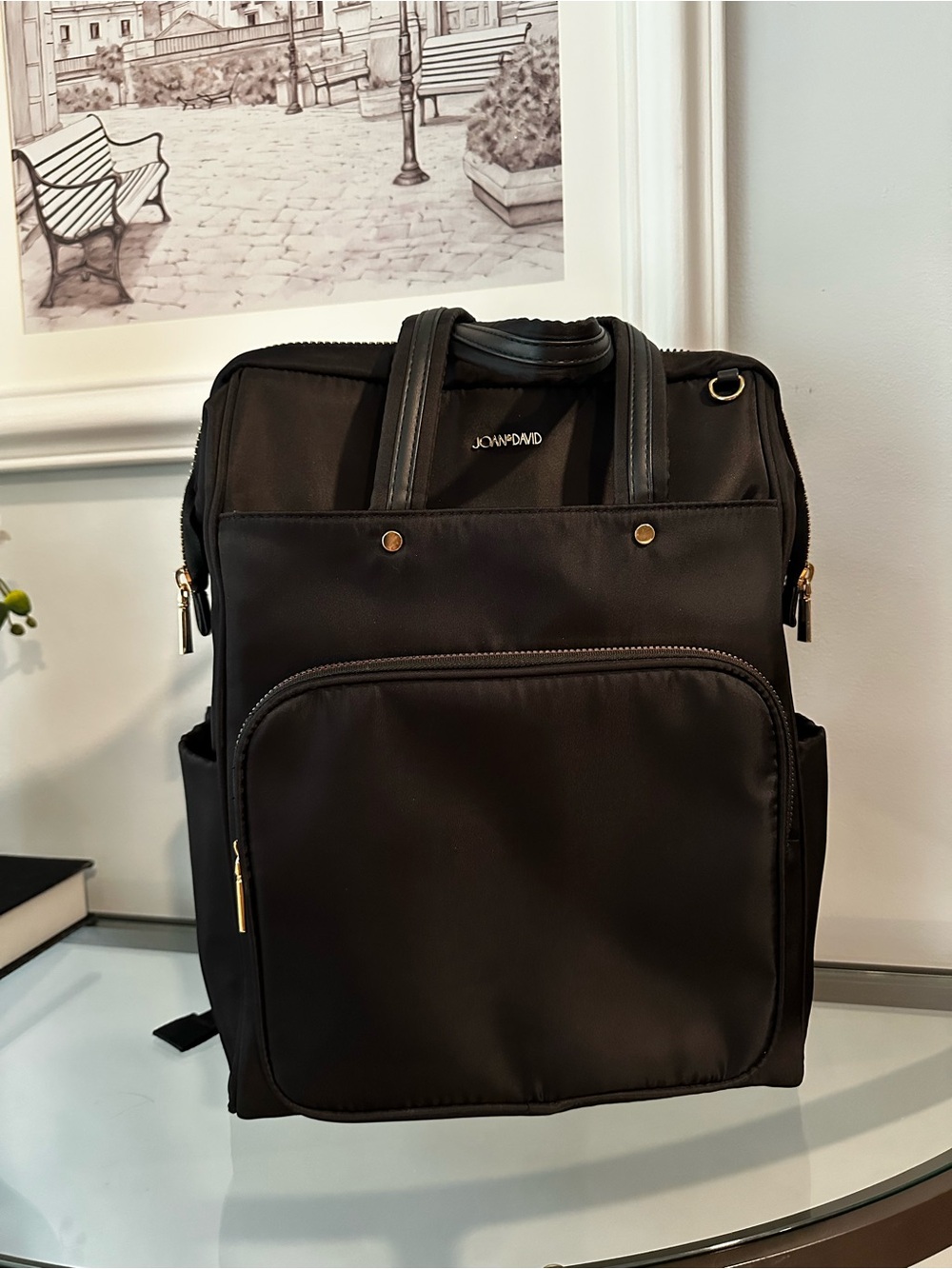 Joan & David Black Nylon Convertible Backpack Tote with Gold Hardware